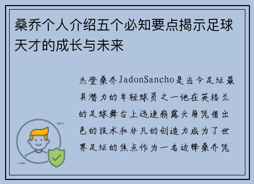 桑乔个人介绍五个必知要点揭示足球天才的成长与未来