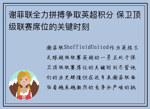 谢菲联全力拼搏争取英超积分 保卫顶级联赛席位的关键时刻 谢菲联全力拼搏争取英超积分 保卫顶级联赛席位的关键时刻