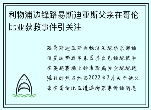利物浦边锋路易斯迪亚斯父亲在哥伦比亚获救事件引关注